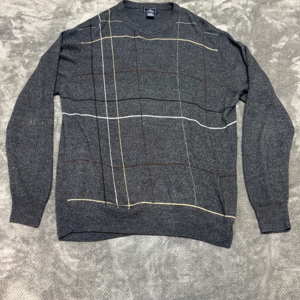 Dockers Mens Gray Plaid Crewneck Sweater Acrylic Knit Windowpane Long Sleeve M